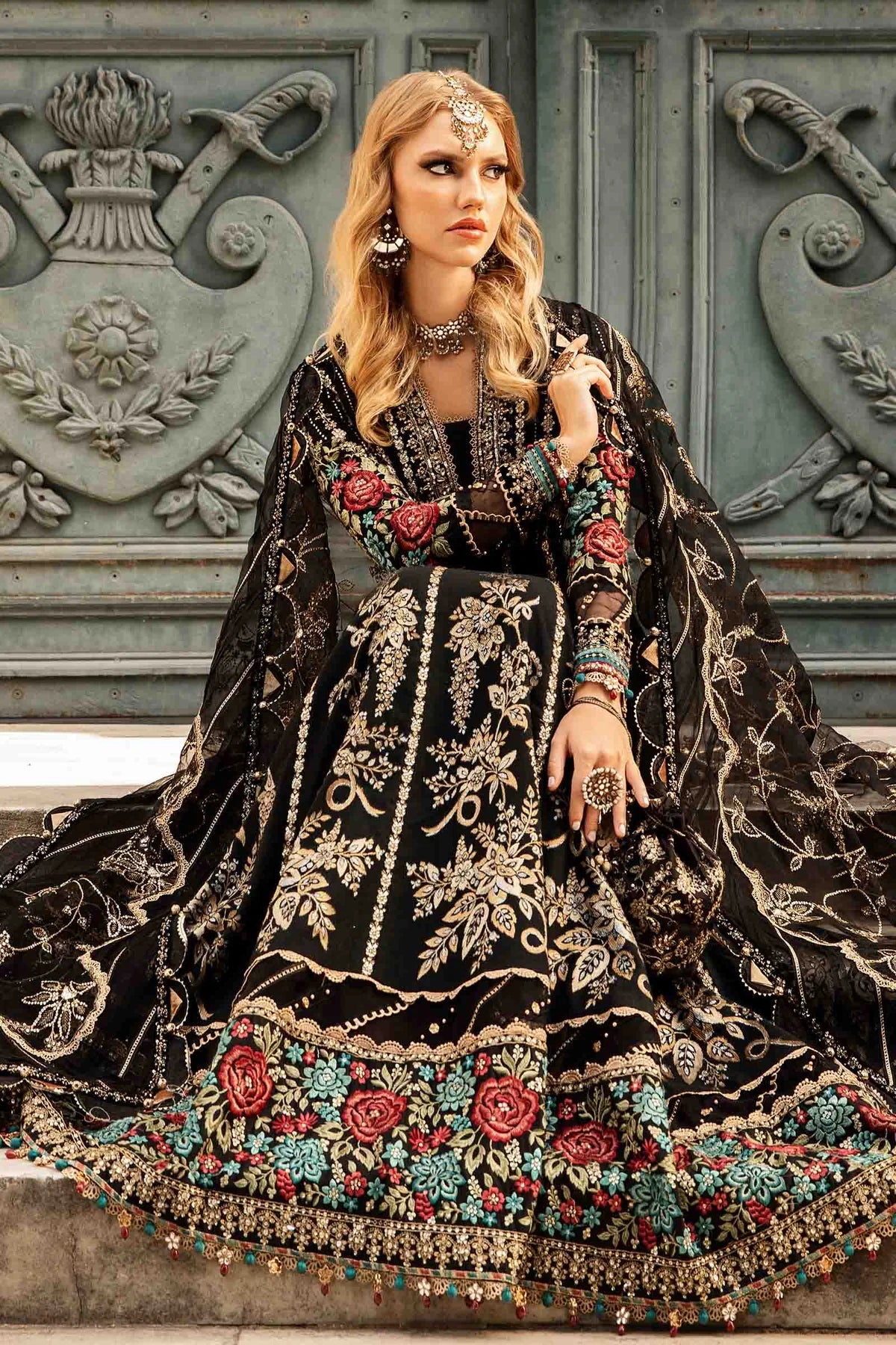 Maria B | Black Embroidered Hand Embellished Cotton Satin Maxi
