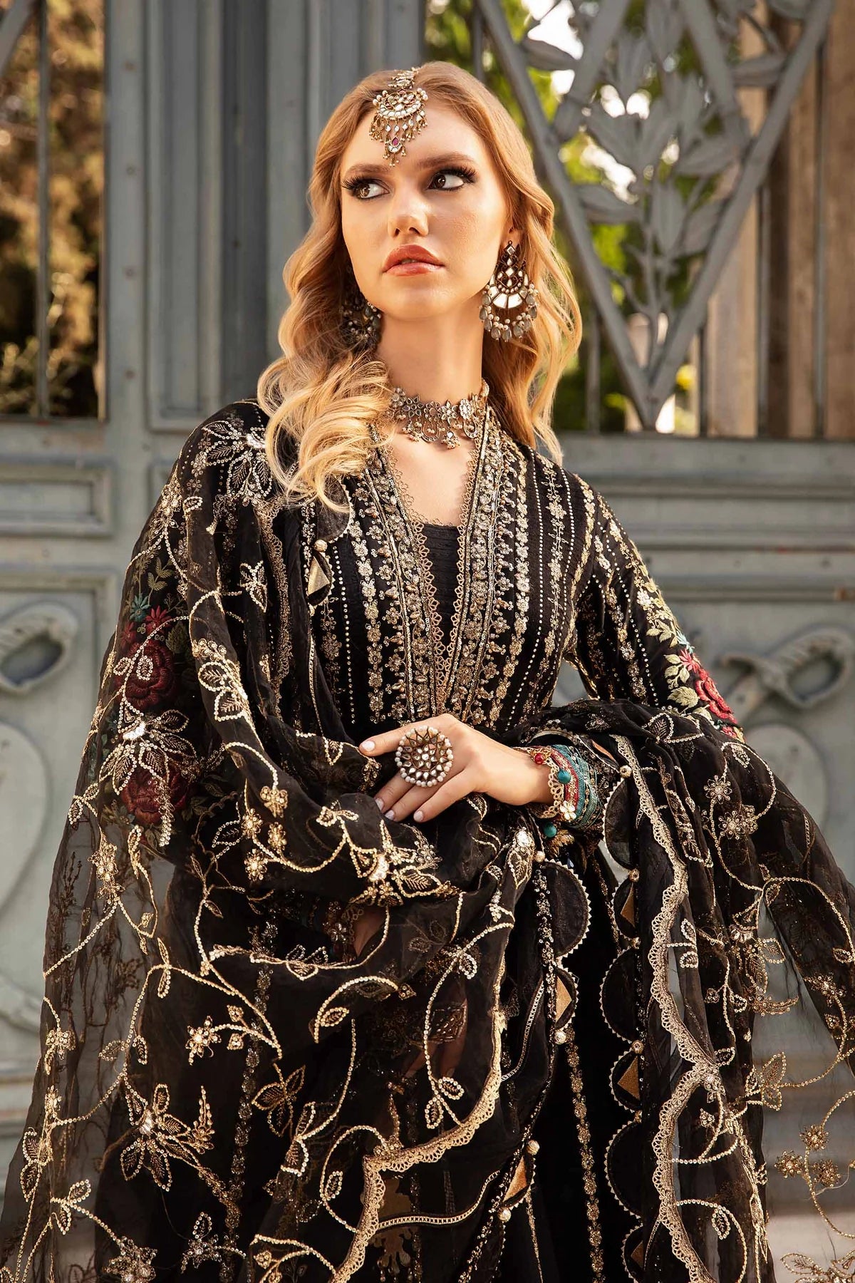Maria B | Black Embroidered Hand Embellished Cotton Satin Maxi
