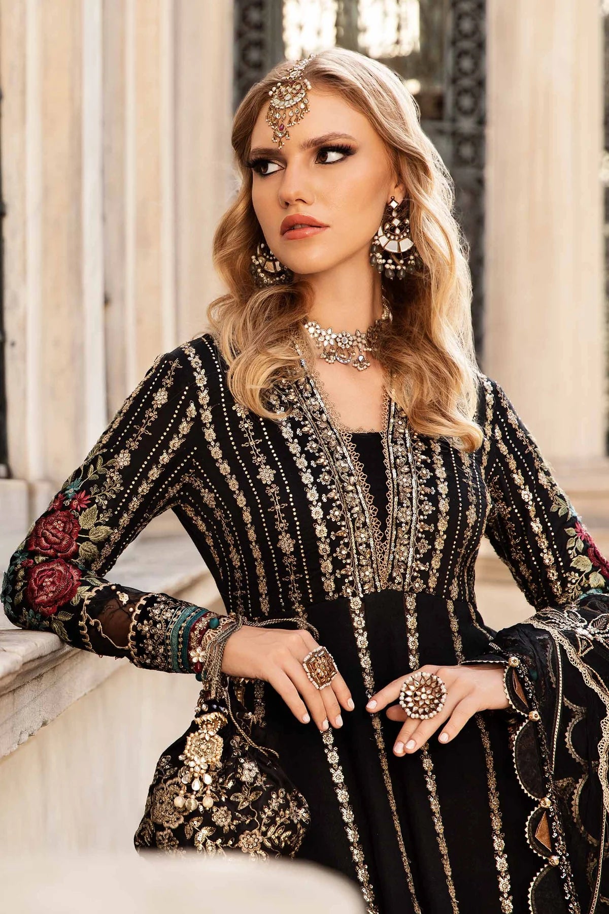 Maria B | Black Embroidered Hand Embellished Cotton Satin Maxi
