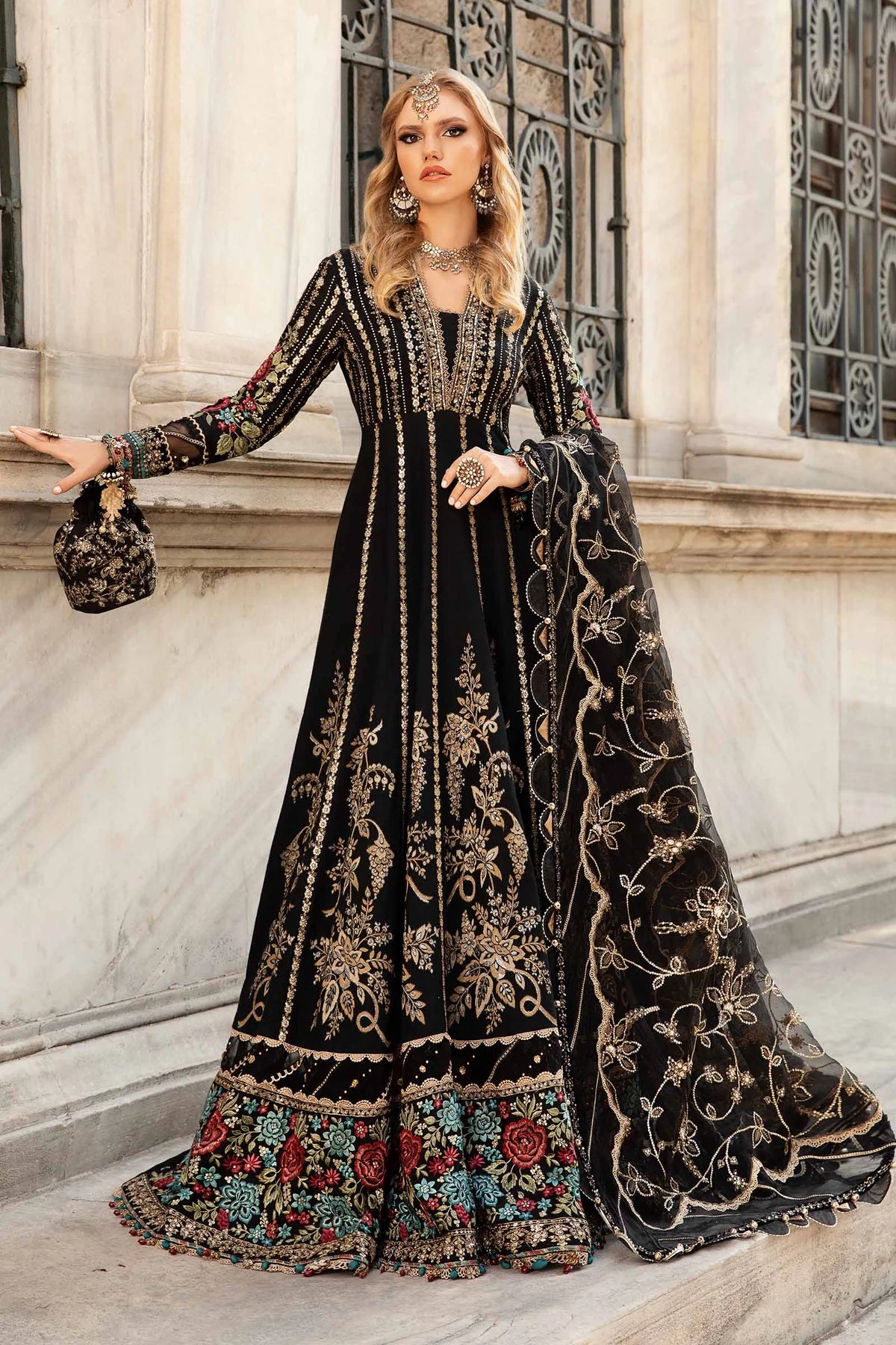 Maria B | Black Embroidered Hand Embellished Cotton Satin Maxi