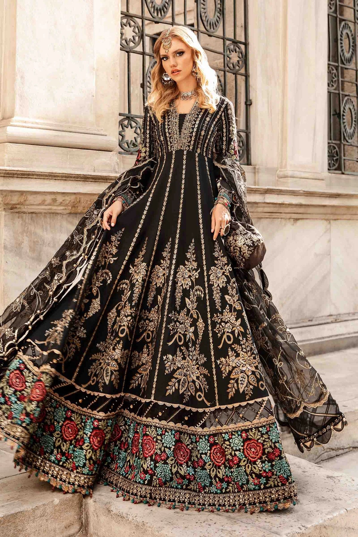 Maria B | Black Embroidered Hand Embellished Cotton Satin Maxi