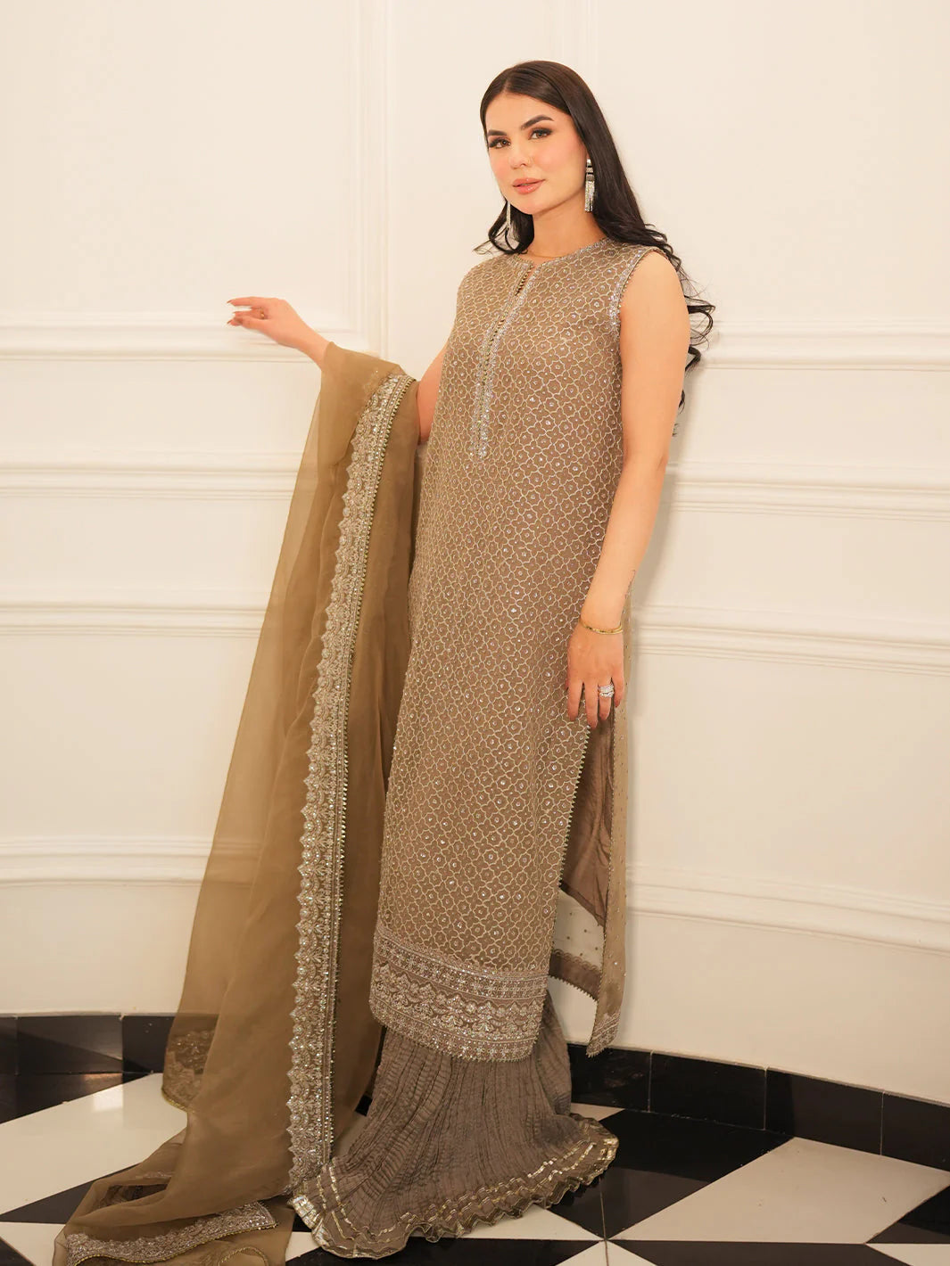 DINA | Brown Embroidered Organza Sharara