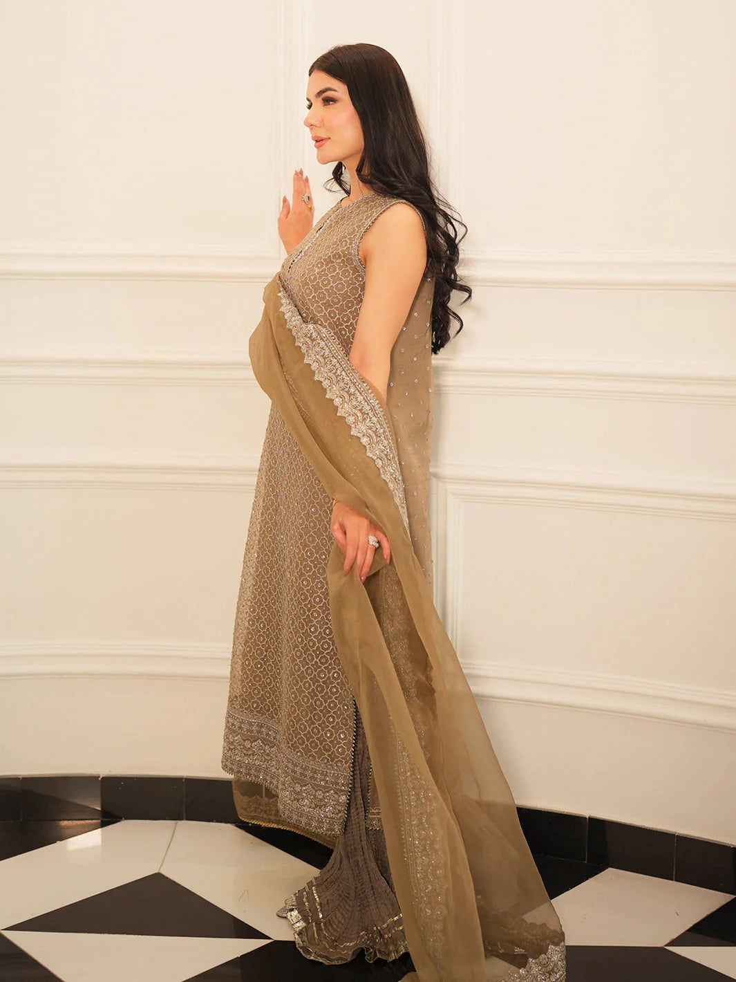 DINA | Brown Embroidered Organza Sharara