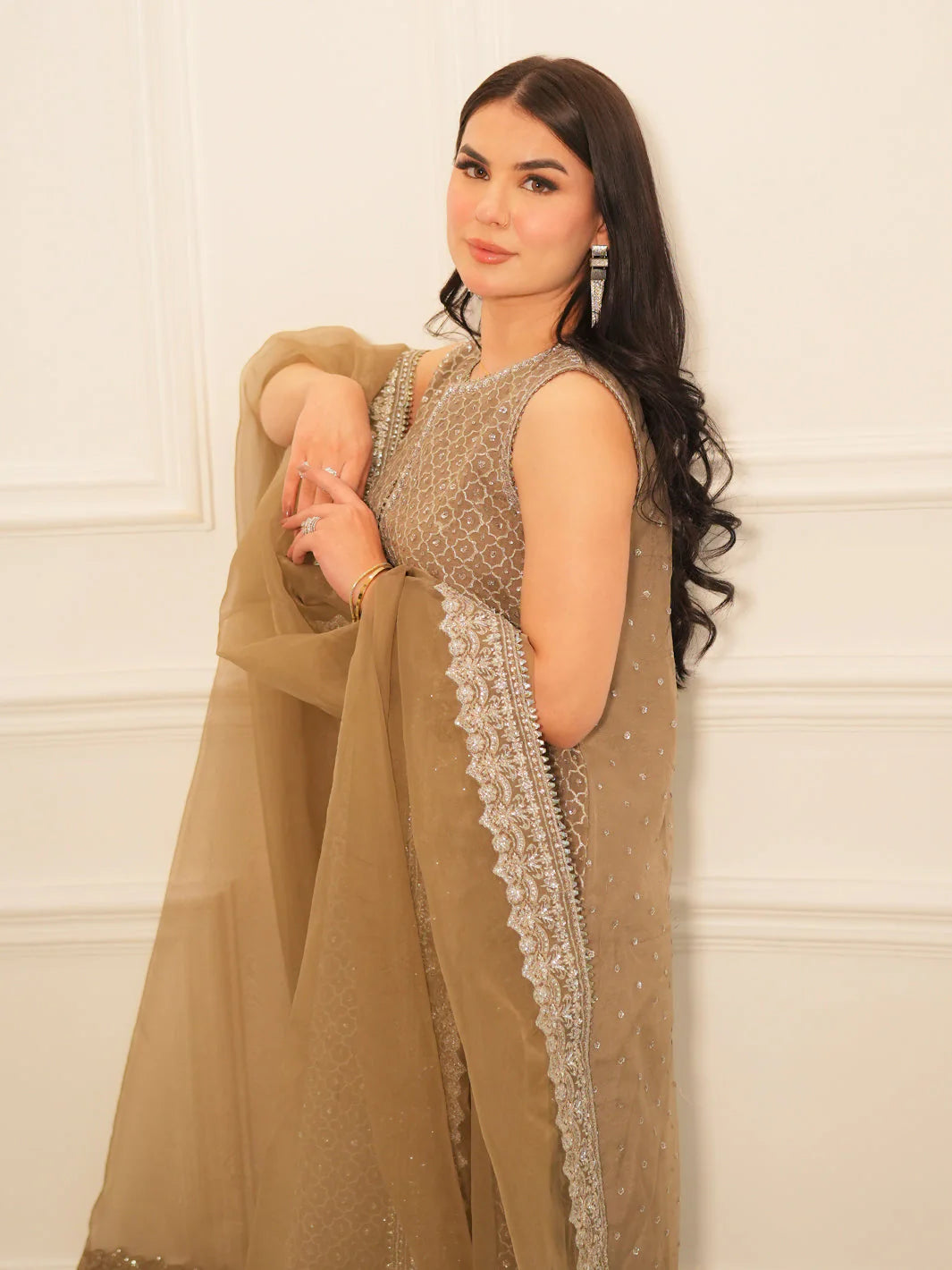 DINA | Brown Embroidered Organza Sharara