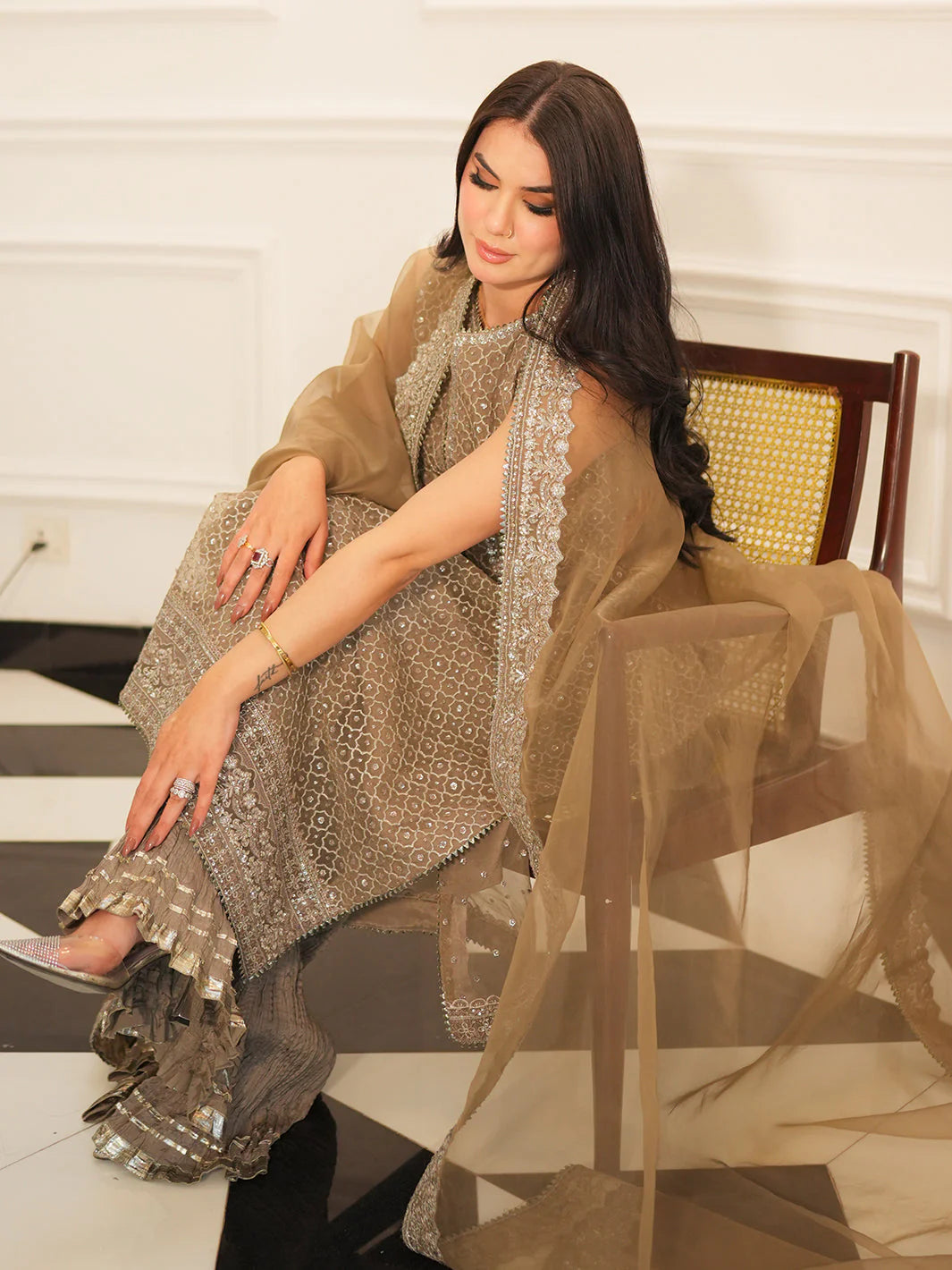 DINA | Brown Embroidered Organza Sharara