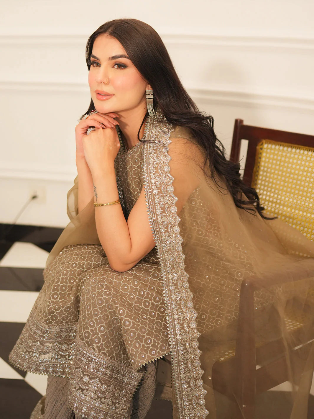 DINA | Brown Embroidered Organza Sharara