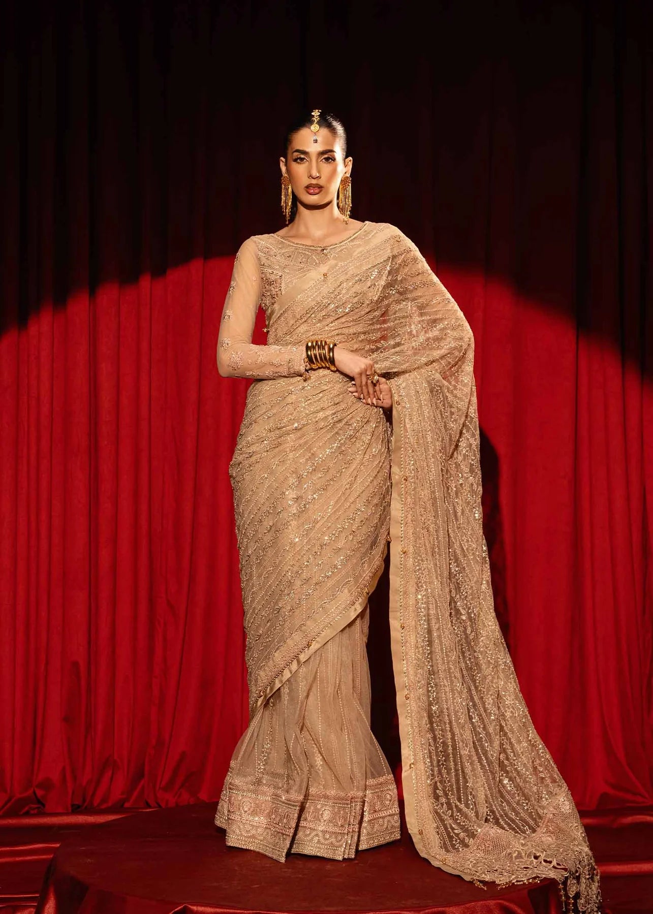 Zar-E-Sahar | Ivory Gold Embroidered Handmade Net Saree