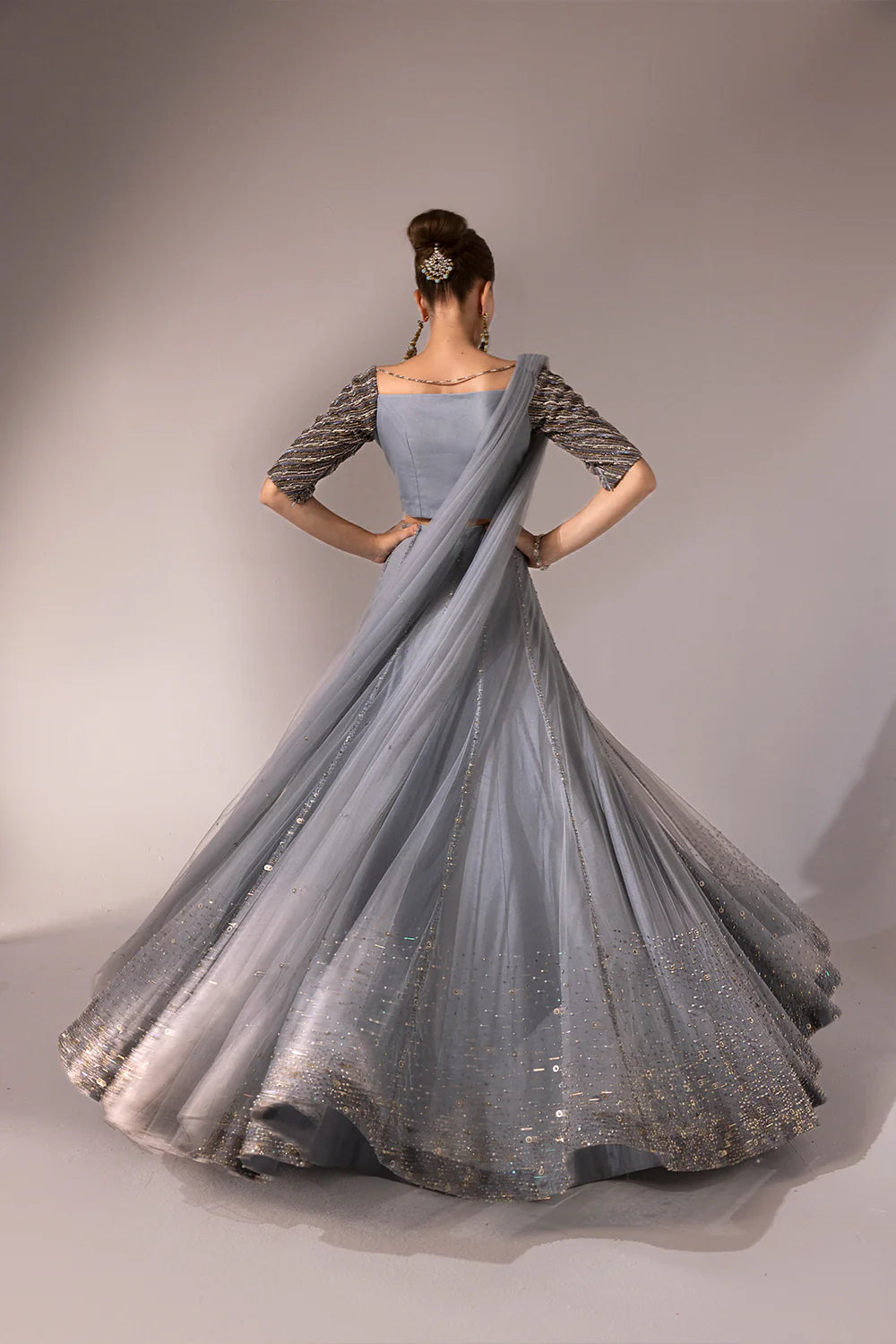 Regine | Net Muted Grey Embellished Lehenga Choli