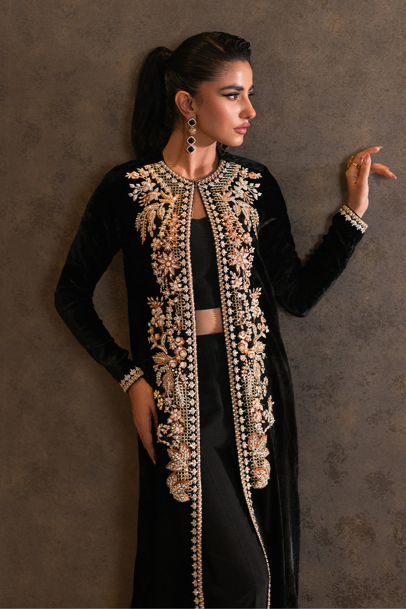 Dusk | Black Velvet Embellished Jacket Set