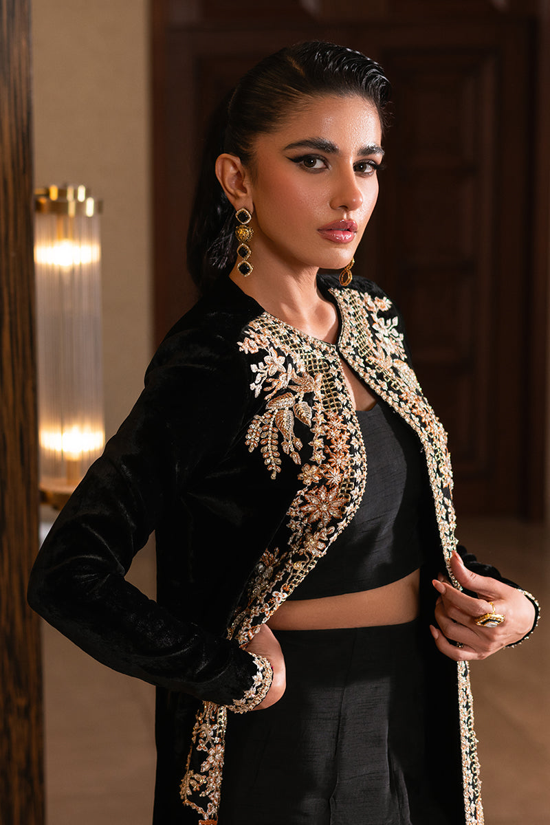 Dusk | Black Velvet Embellished Jacket Set