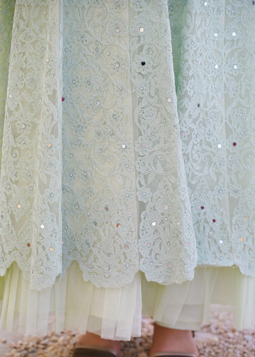 Imani | Girls Pastel Green Net Embroidered Maxi Dress