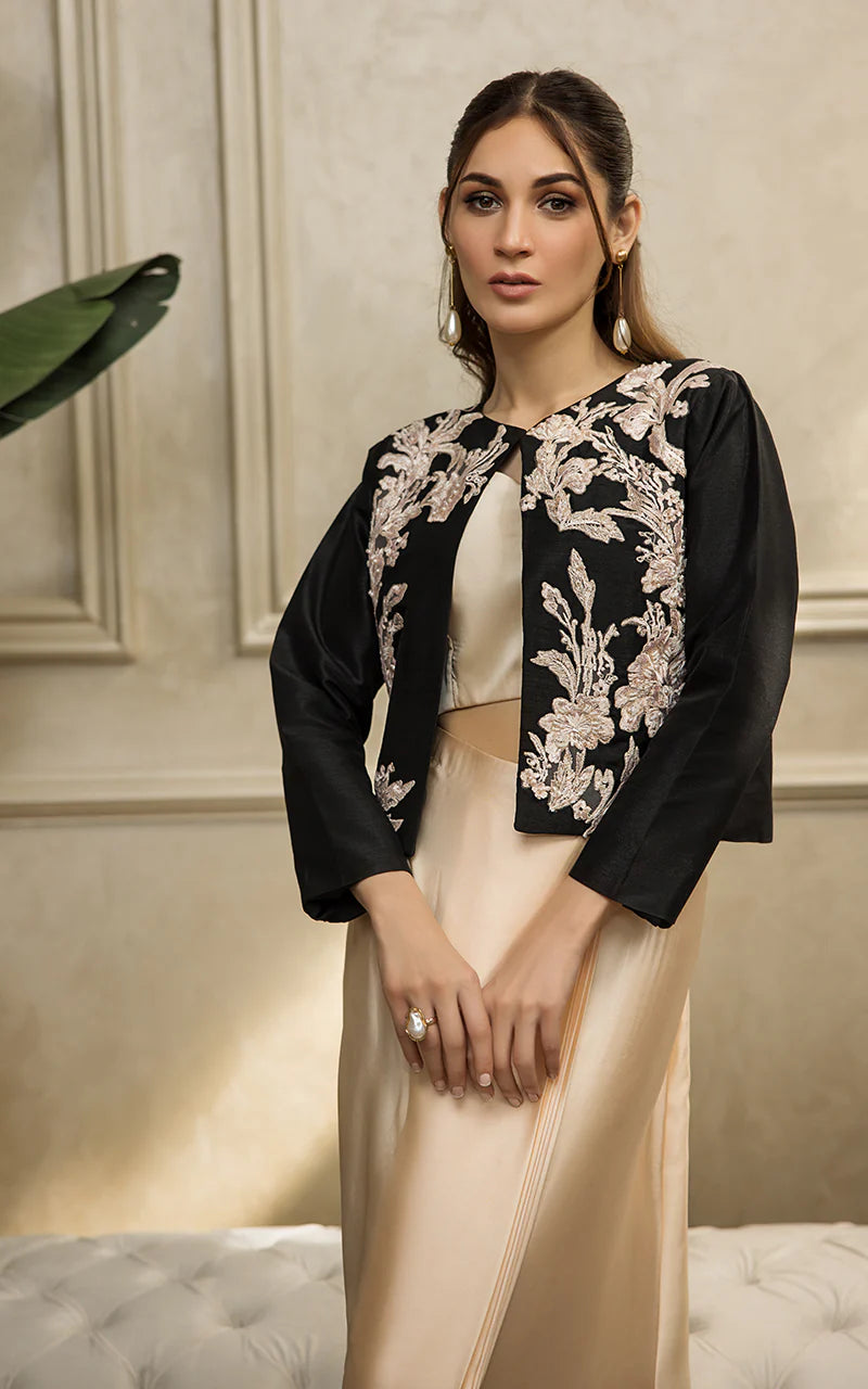 Black Embroidered Jacket With Tube And Skirt