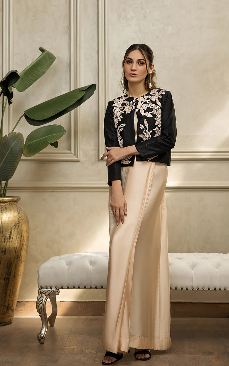 Black Embroidered Jacket With Tube And Skirt