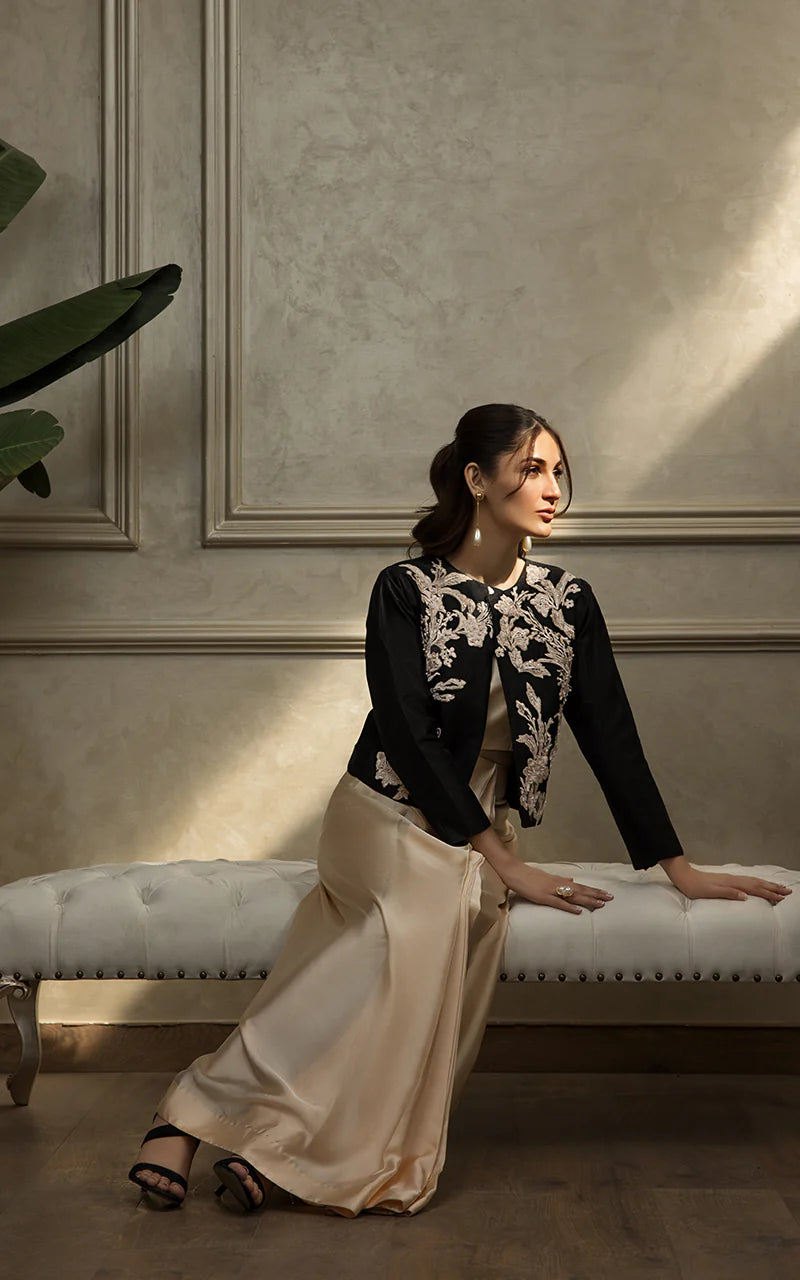 Black Embroidered Jacket With Tube And Skirt