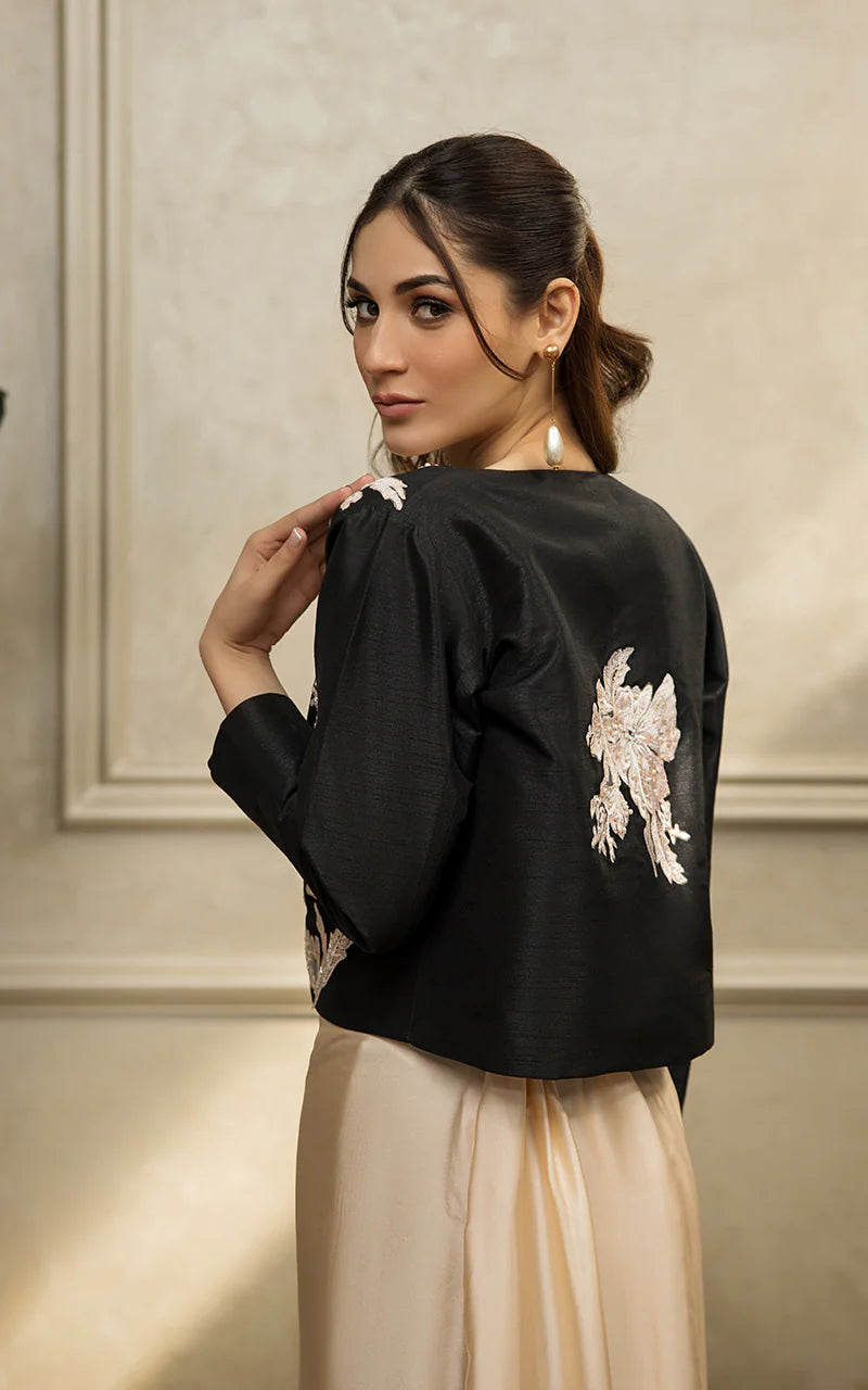 Black Embroidered Jacket With Tube And Skirt