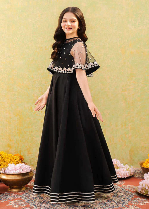 Evy | Girls Black Embroidered Silk Pishwas