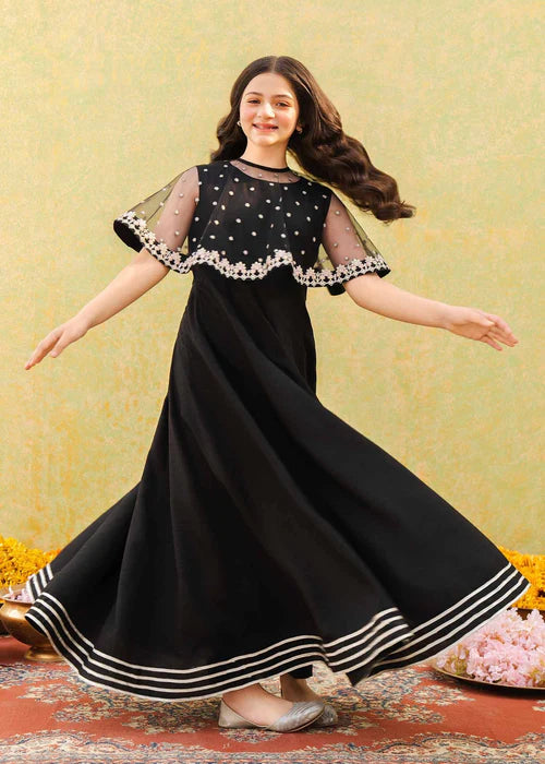 Evy | Girls Black Embroidered Silk Pishwas