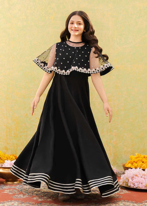 Evy | Girls Black Embroidered Silk Pishwas