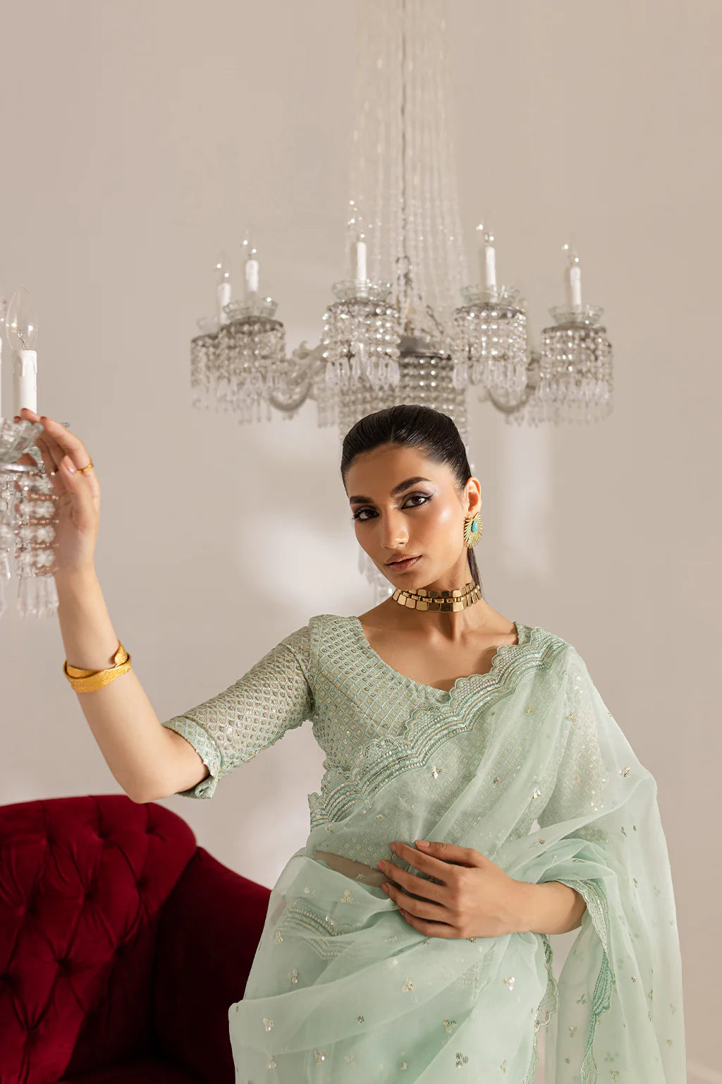 Gulraaz | Mint Embroidered Organza Saree