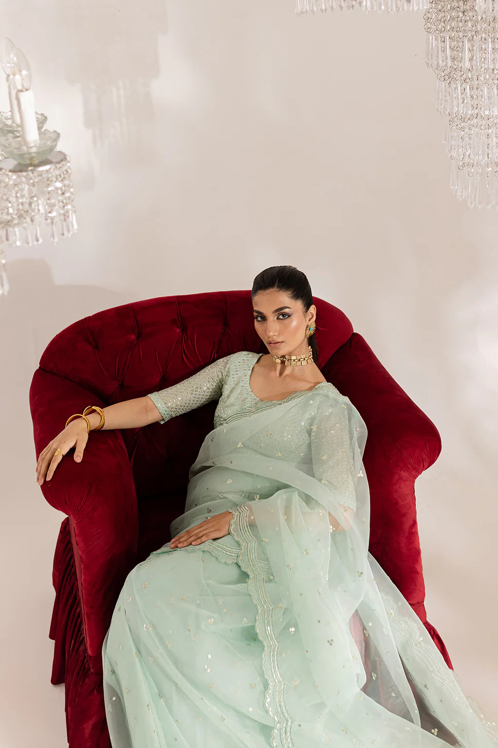 Gulraaz | Mint Embroidered Organza Saree