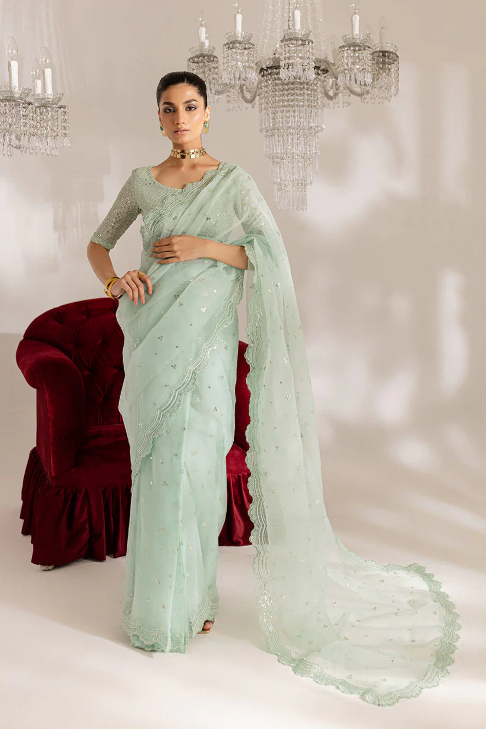 Gulraaz | Mint Embroidered Organza Saree