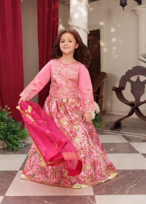 Fareeha | Girls Bubble Gum Organza Lehenga