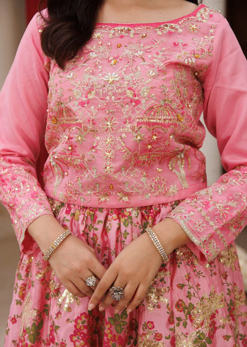 Fareeha | Girls Bubble Gum Organza Lehenga
