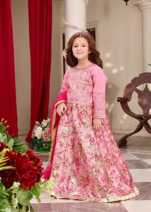 Fareeha | Girls Bubble Gum Organza Lehenga