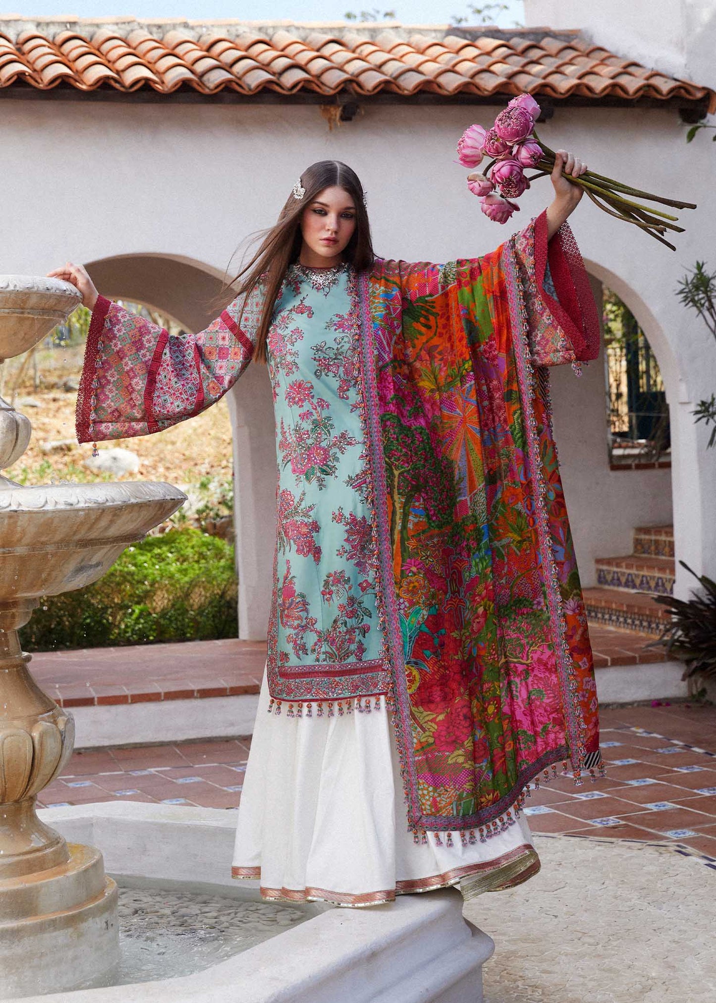Hussain Rehar | Blue Embroidered Lawn Sharara