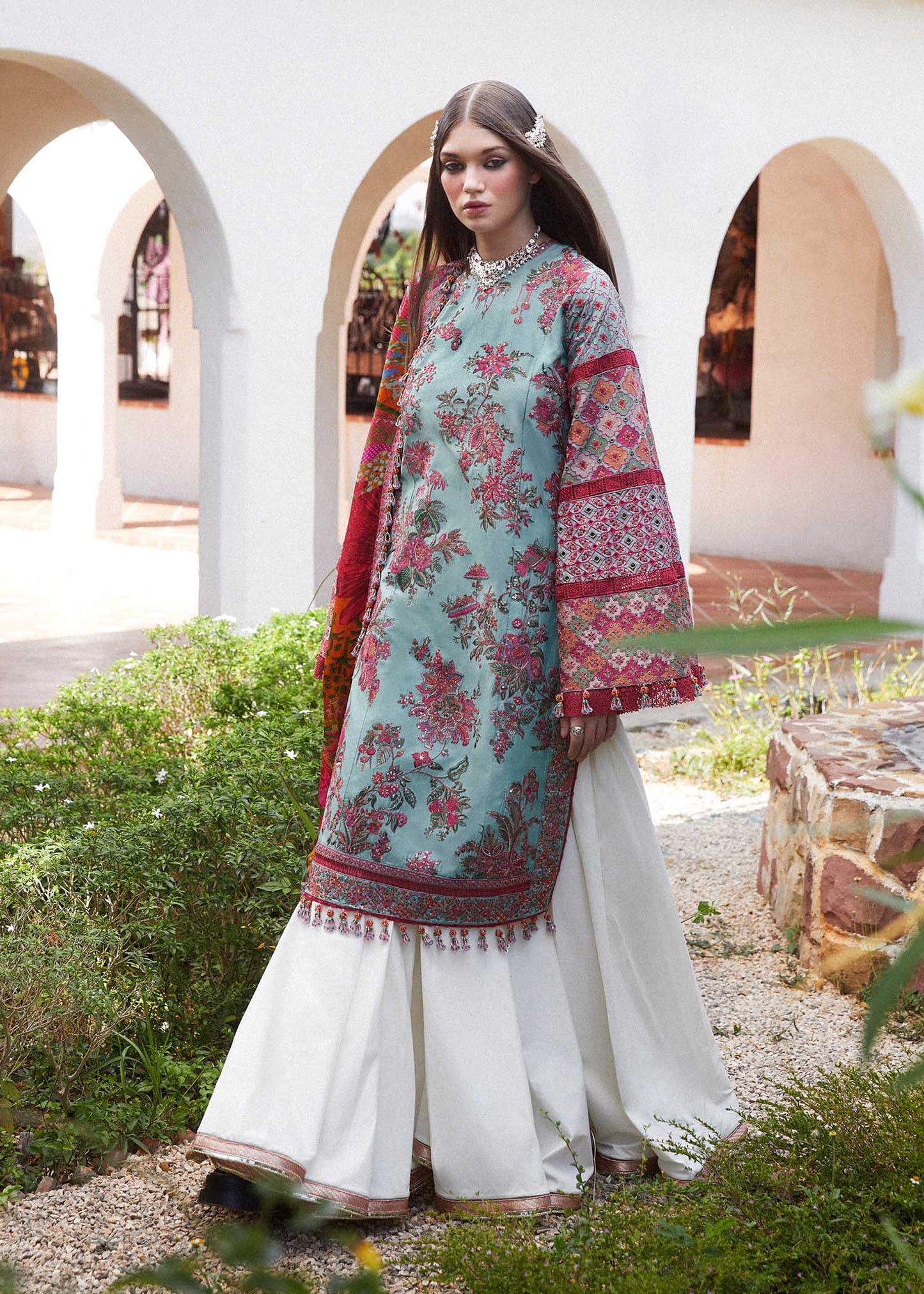 Hussain Rehar | Blue Embroidered Lawn Sharara