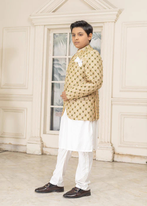 3 Piece | Boys Gold Hand Embroidered Prince Coat Set