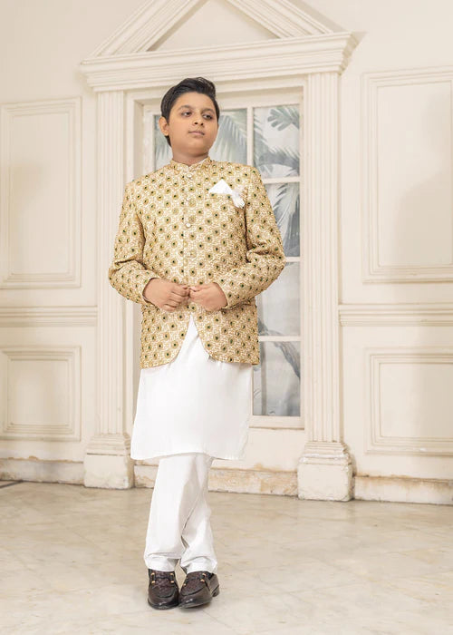 3 Piece | Boys Gold Hand Embroidered Prince Coat Set