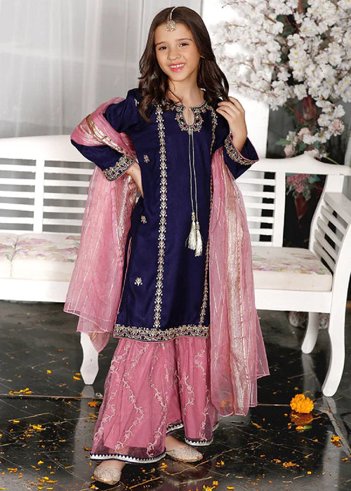 Gulnoor | Girls Blue Embroidered Gharara