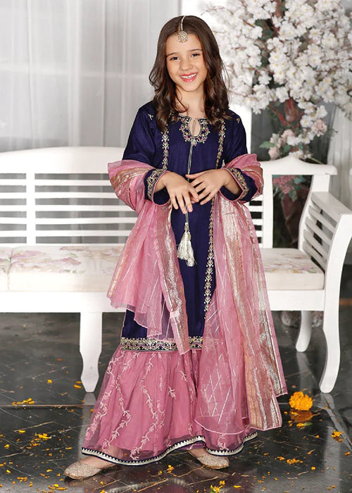Gulnoor | Girls Blue Embroidered Gharara