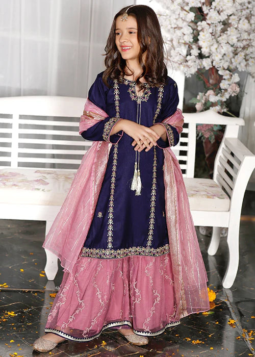 Gulnoor | Girls Blue Embroidered Gharara