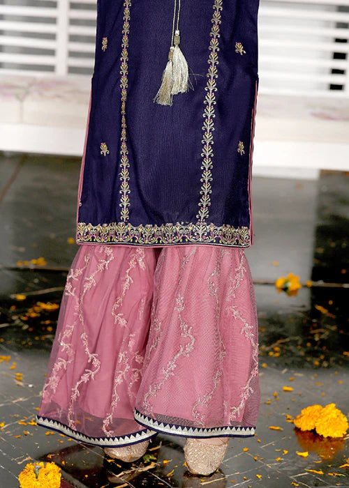 Gulnoor | Girls Blue Embroidered Gharara
