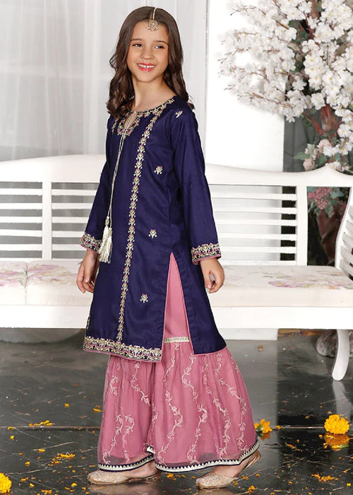 Gulnoor | Girls Blue Embroidered Gharara