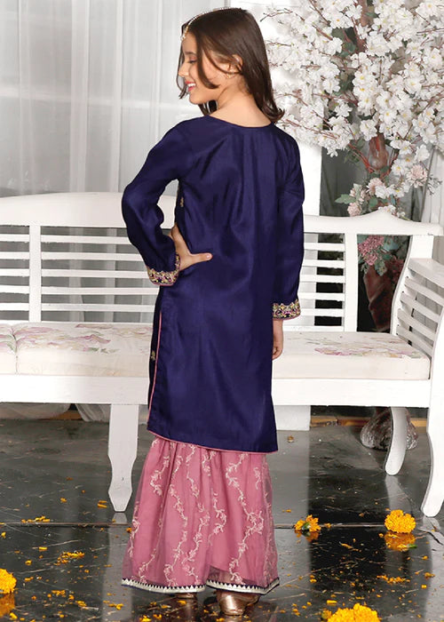Gulnoor | Girls Blue Embroidered Gharara