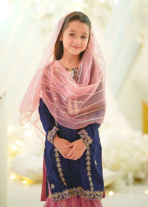 Gulnoor | Girls Blue Embroidered Gharara
