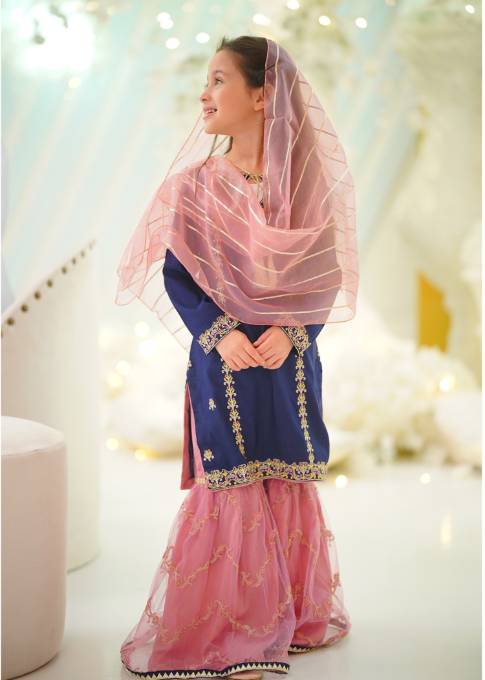Gulnoor | Girls Blue Embroidered Gharara