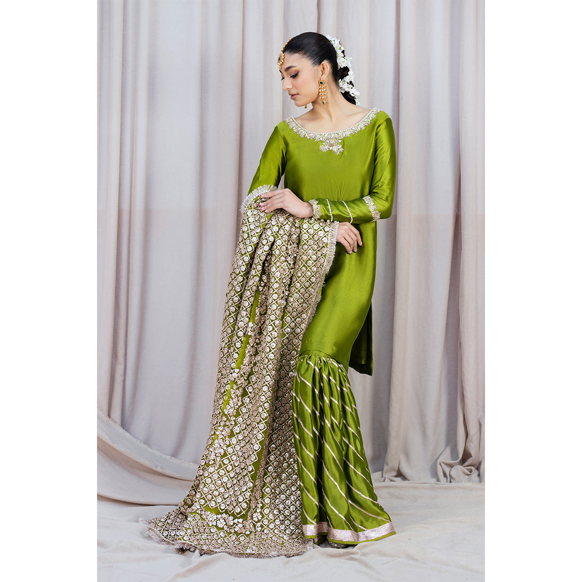 HINNA | Green Silk Embellished Gharara