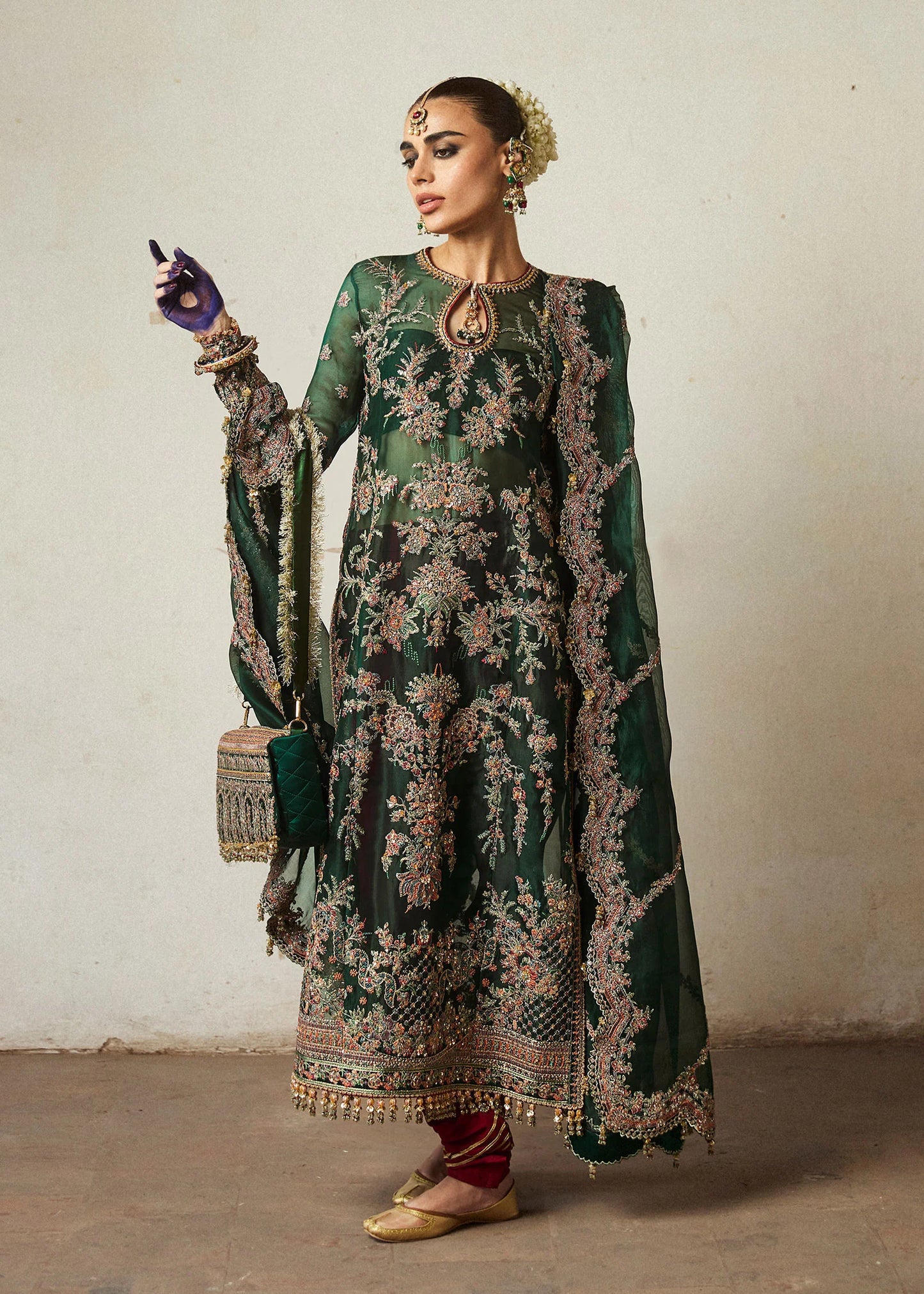 Hussain Rehar | Emerald Organza Embroidered Embellished Churidar Suit