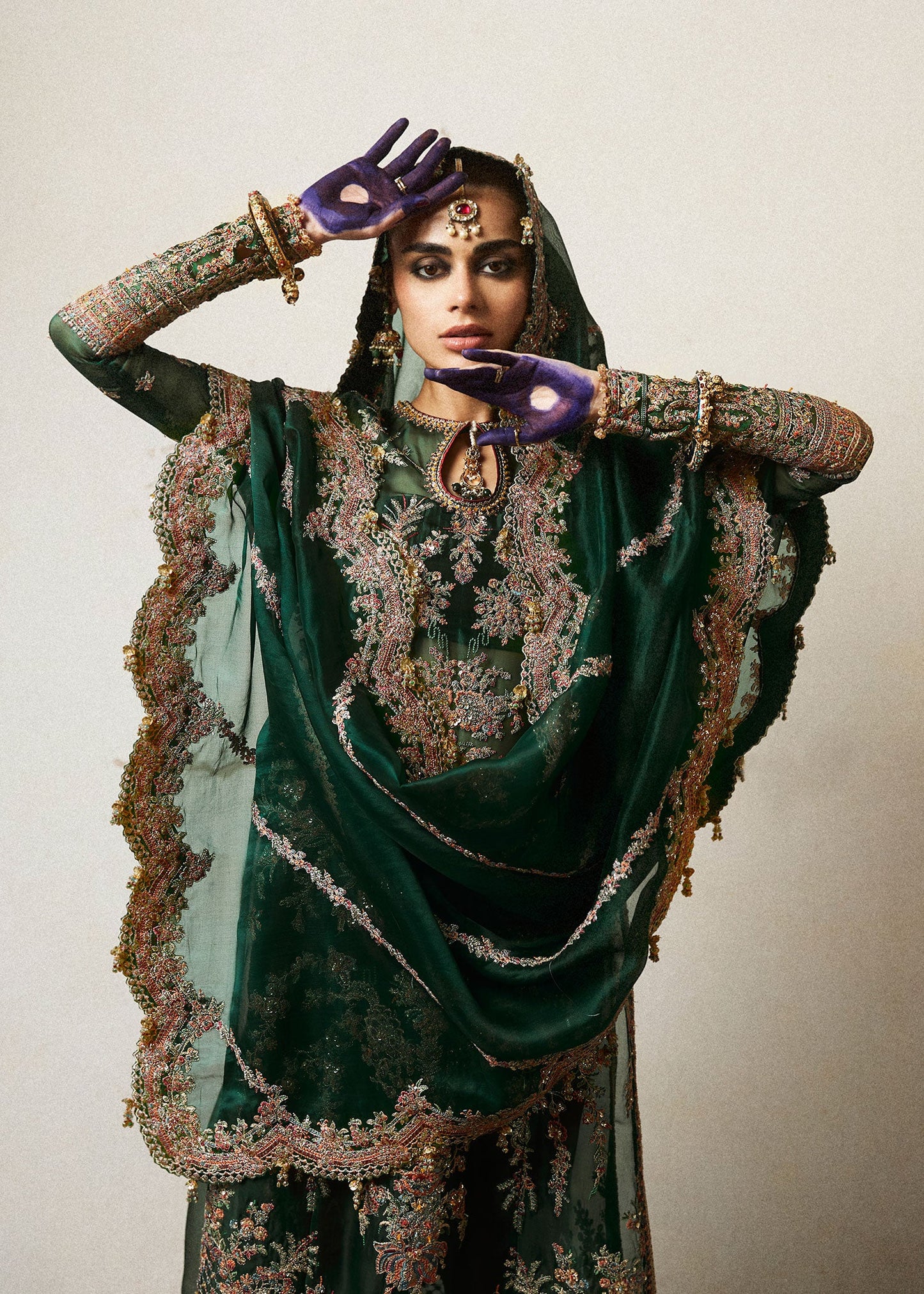 Hussain Rehar | Emerald Organza Embroidered Embellished Churidar Suit