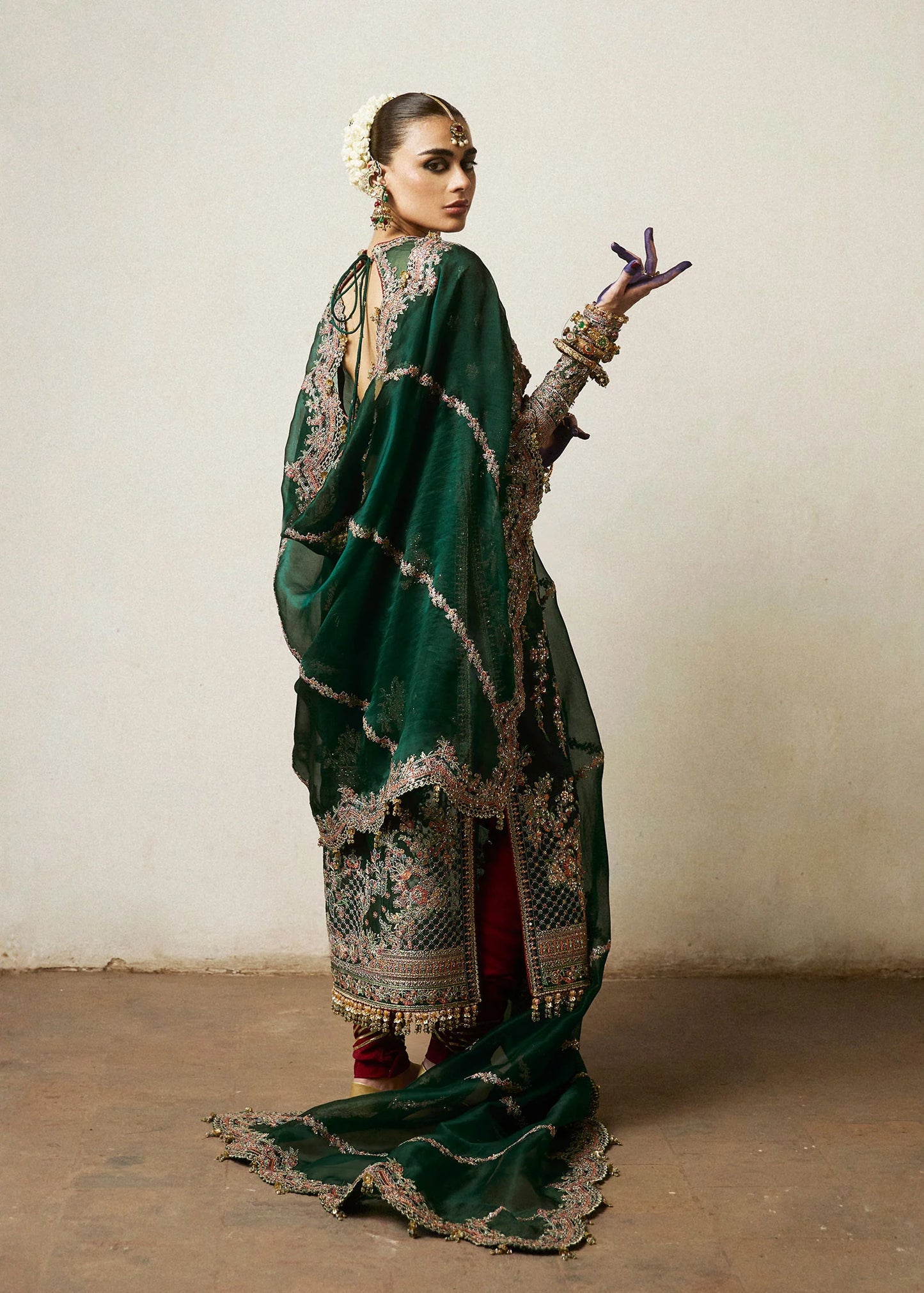 Hussain Rehar | Emerald Organza Embroidered Embellished Churidar Suit