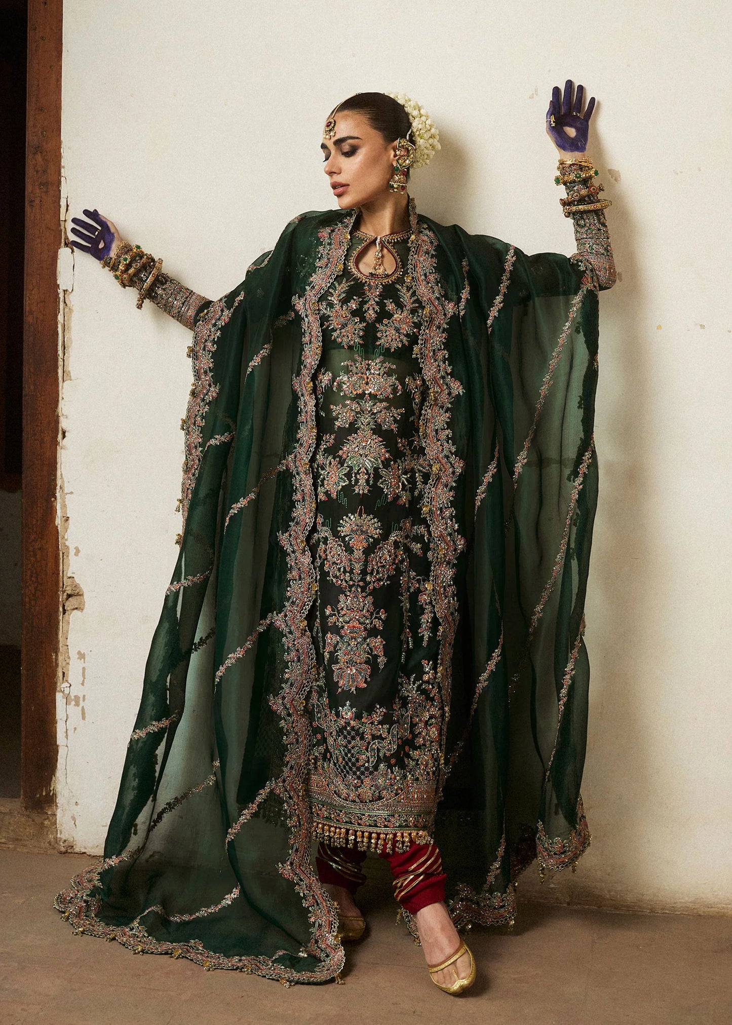 Hussain Rehar | Emerald Organza Embroidered Embellished Churidar Suit
