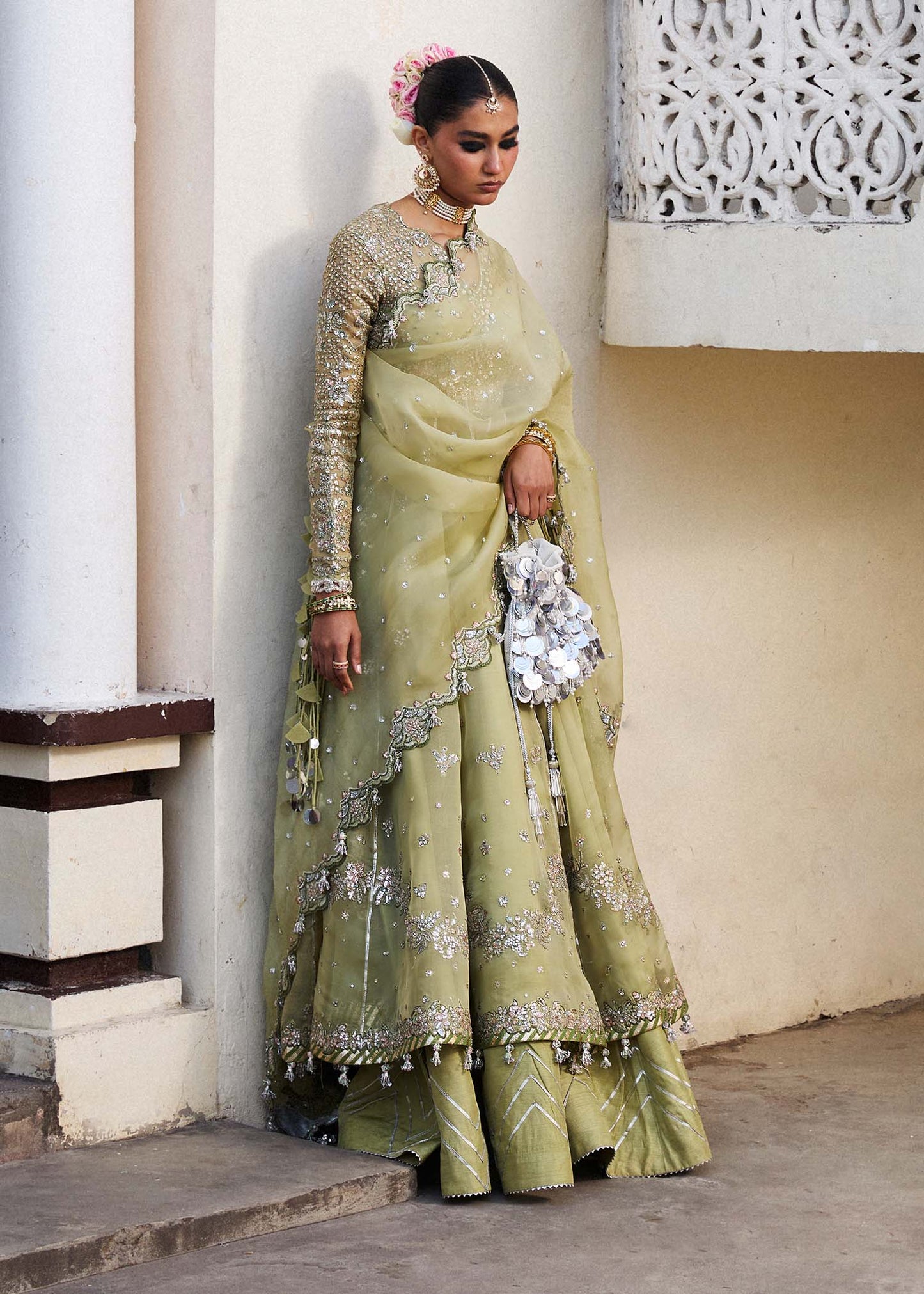 Hussain Rehar | Apple Green Embroidered Organza Peshwas Lehenga