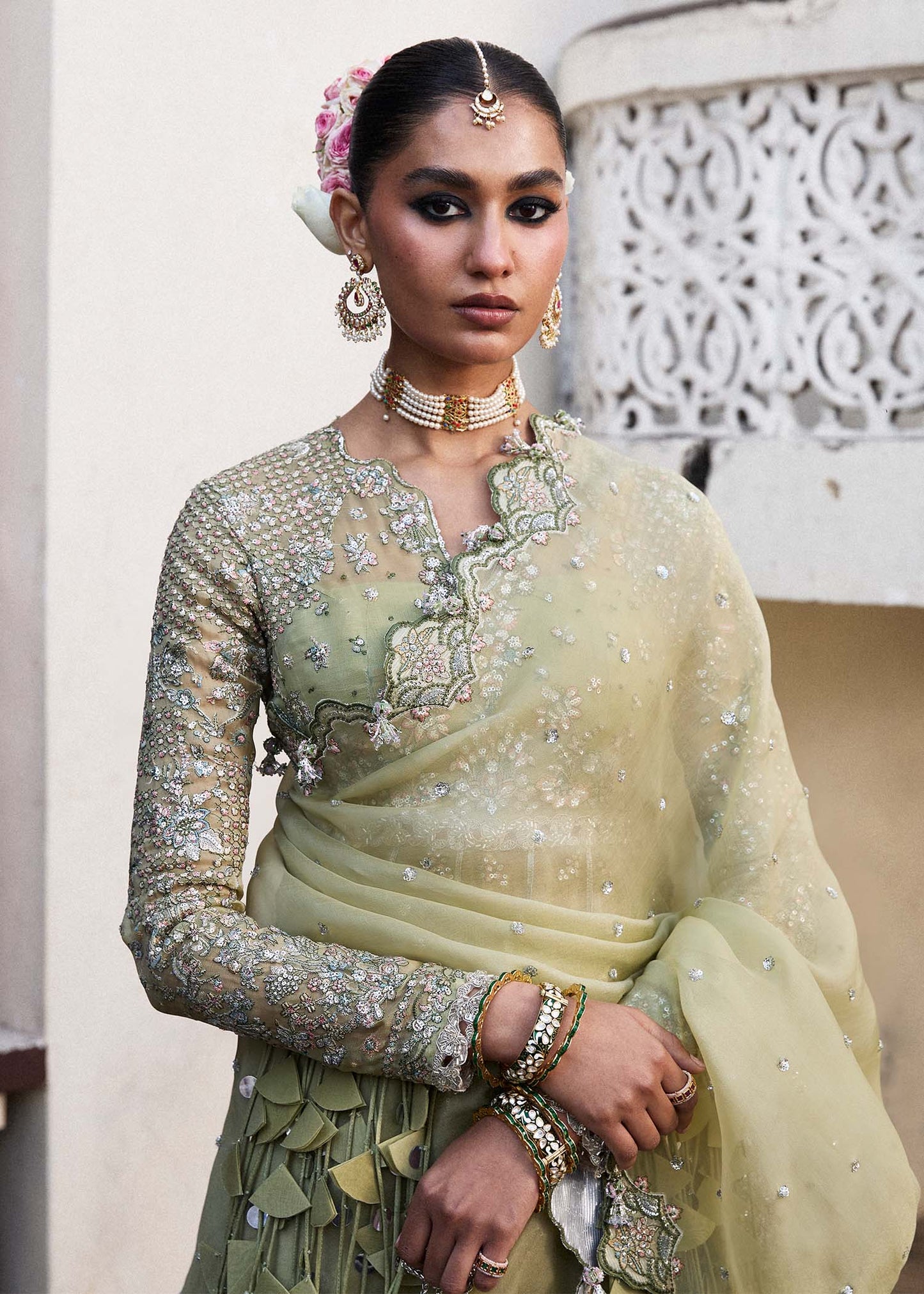 Hussain Rehar | Apple Green Embroidered Organza Peshwas Lehenga
