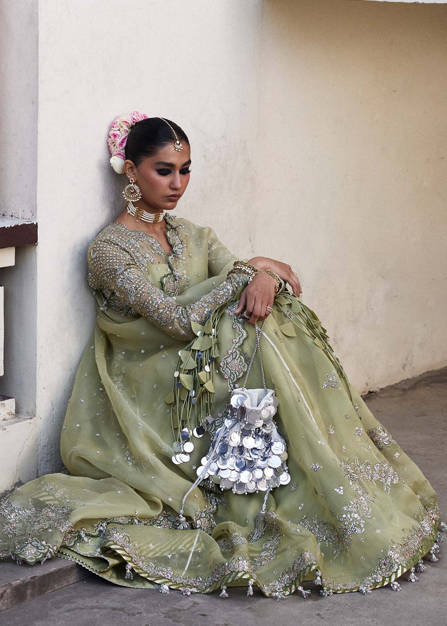 Hussain Rehar | Apple Green Embroidered Organza Peshwas Lehenga