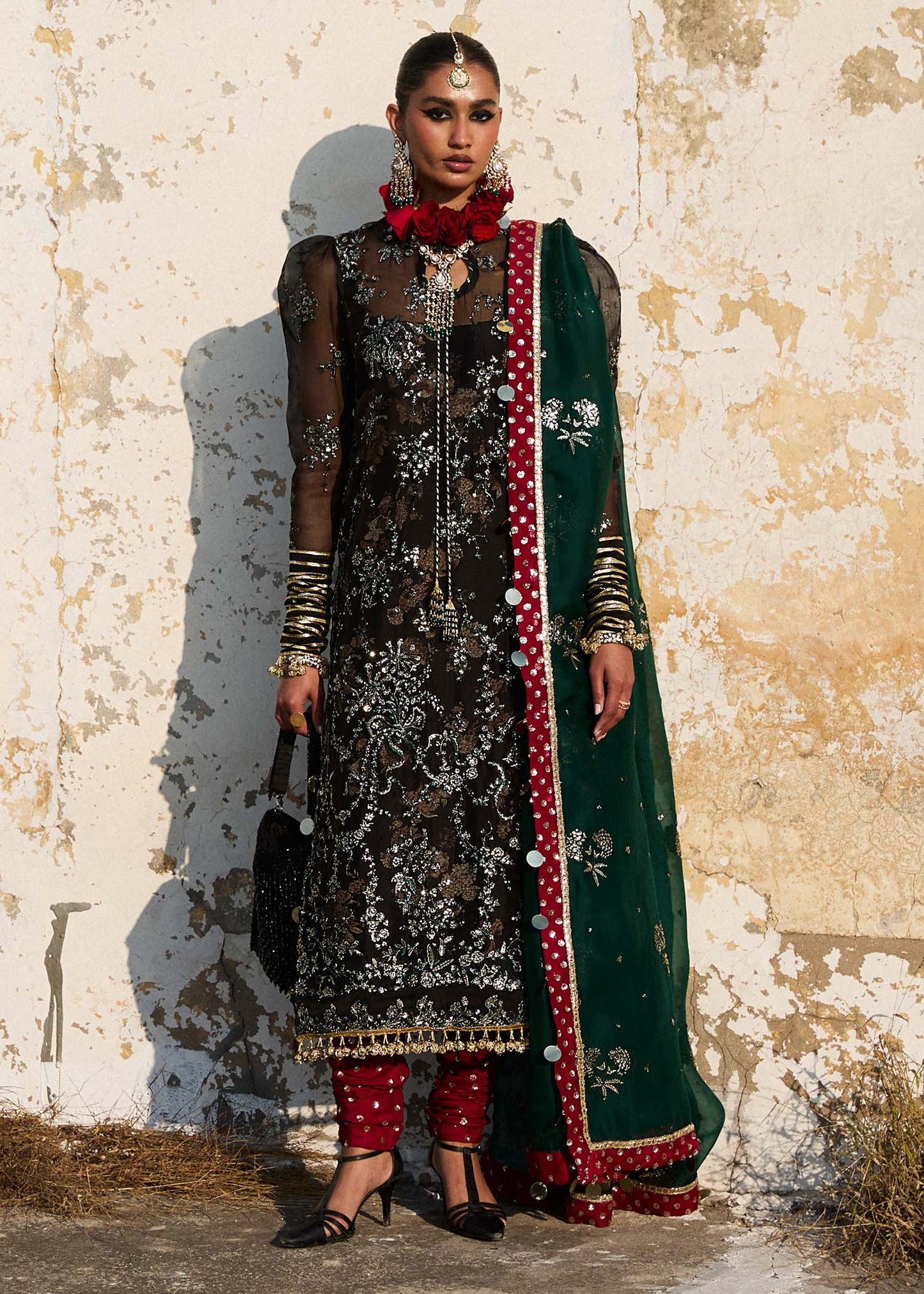 Hussain Rehar | Black Embroidered Organza Churidar Suit