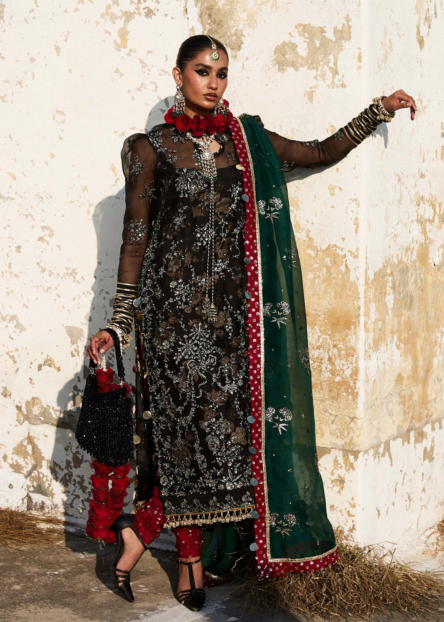 Hussain Rehar | Black Embroidered Organza Churidar Suit